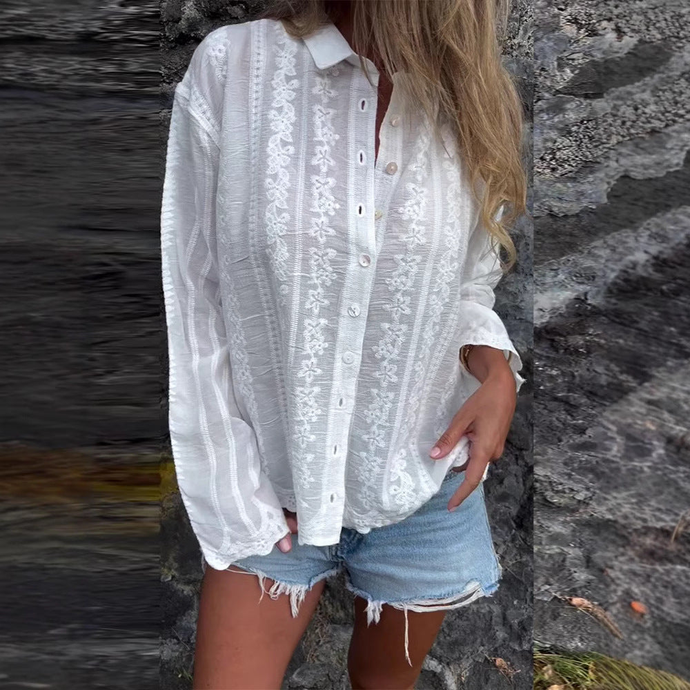 Women nan embroidered blouse with floral openwork embroidery, pearl button placket and casual oversized fit StylebySassy