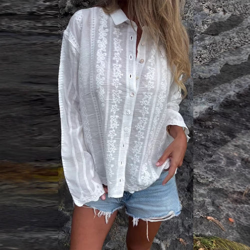 Women nan embroidered blouse with floral openwork embroidery, pearl button placket and casual oversized fit StylebySassy