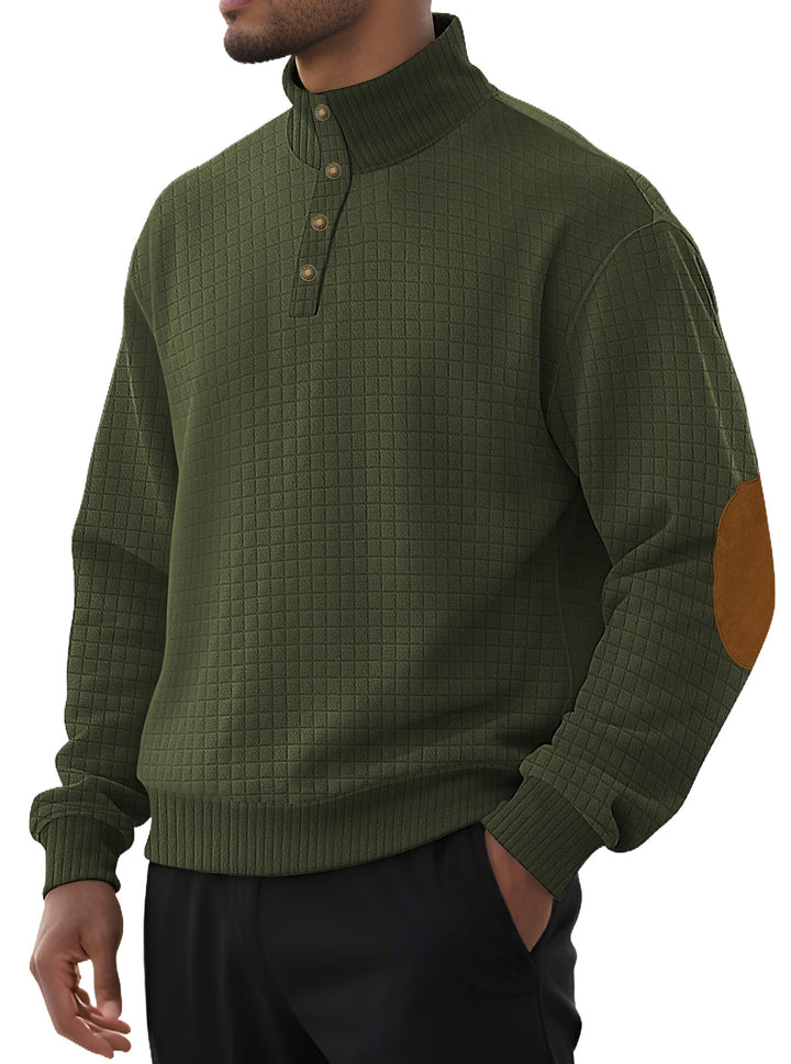 Men's plaid quilted sweatshirt with Henley placket, high stand-up collar, and velour elbow patches StylebySassy