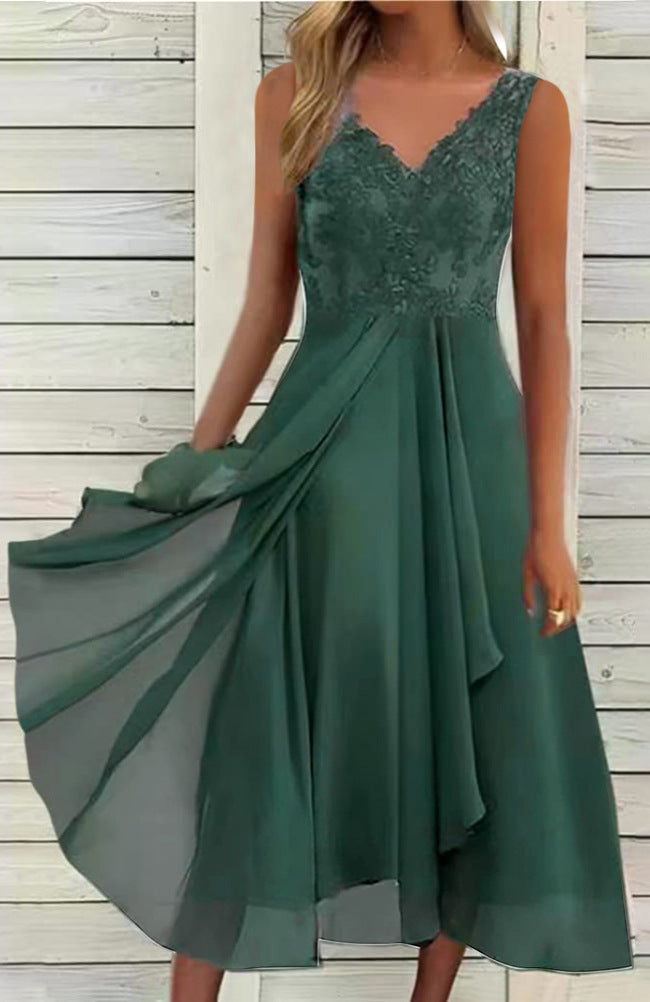 Women's elegant evening midi dress with embroidered lace bodice, tailored draping, and flowing layered skirt StylebySassy