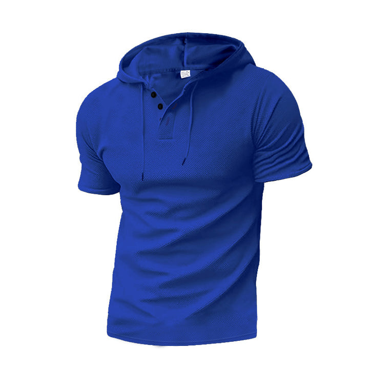 Men's short sleeve hooded polo with three-button placket and fine structured jersey StylebySassy
