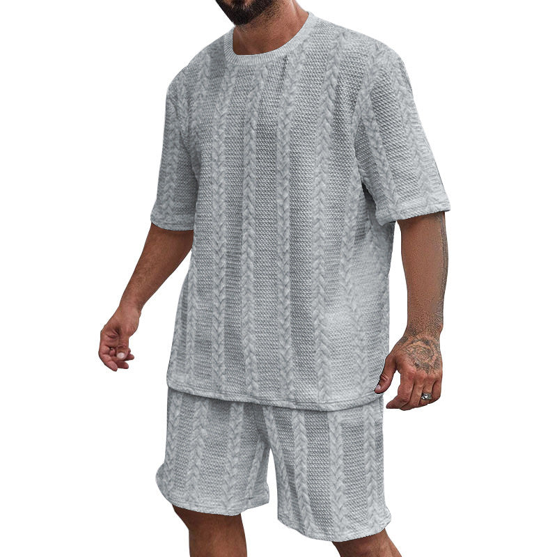 Men's relaxed braid-knit leisure set with wide short-sleeve shirt and elastic Bermuda StylebySassy