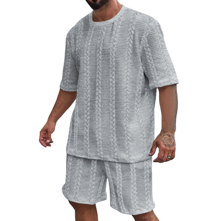 Men's relaxed braid-knit leisure set with wide short-sleeve shirt and elastic Bermuda StylebySassy
