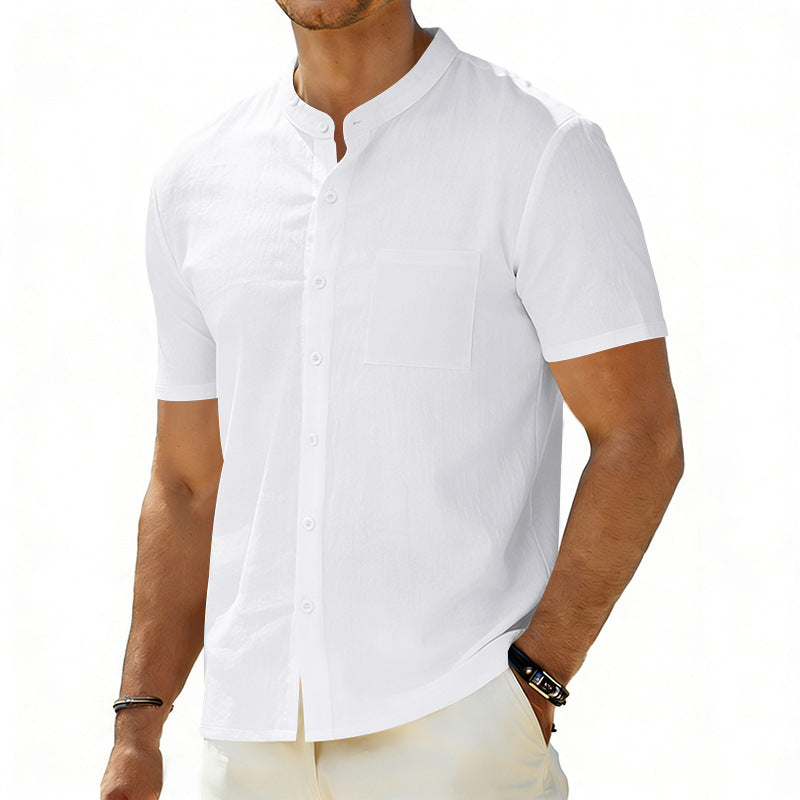 Men's short-sleeved linen shirt with stand-up collar and chest pocket StylebySassy
