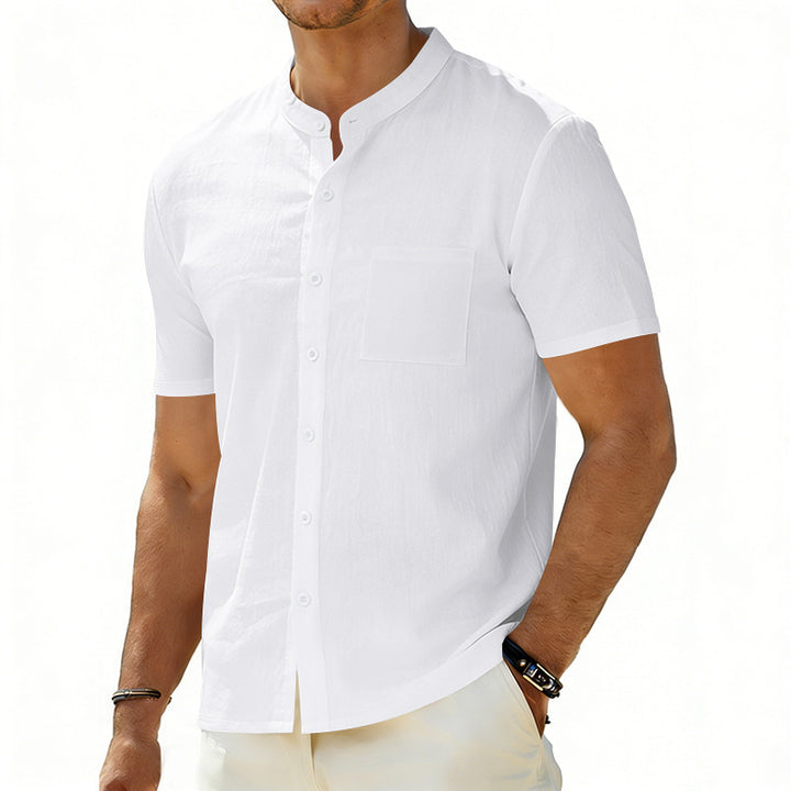 Men's short-sleeved linen shirt with stand-up collar and chest pocket StylebySassy