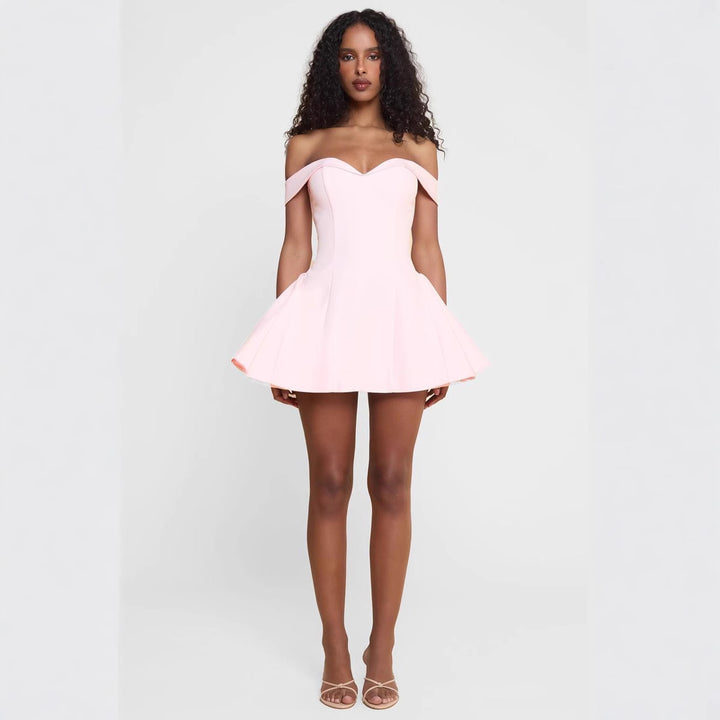 Women's short off-the-shoulder A-line dress with heart neckline, fitted bodice and side pockets StylebySassy