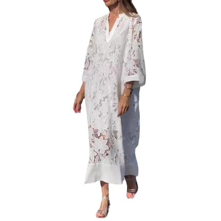 Women's airy lace maxi dress with floral openwork embroidery, loose kimono sleeve cut, and lightweight underdress StylebySassy