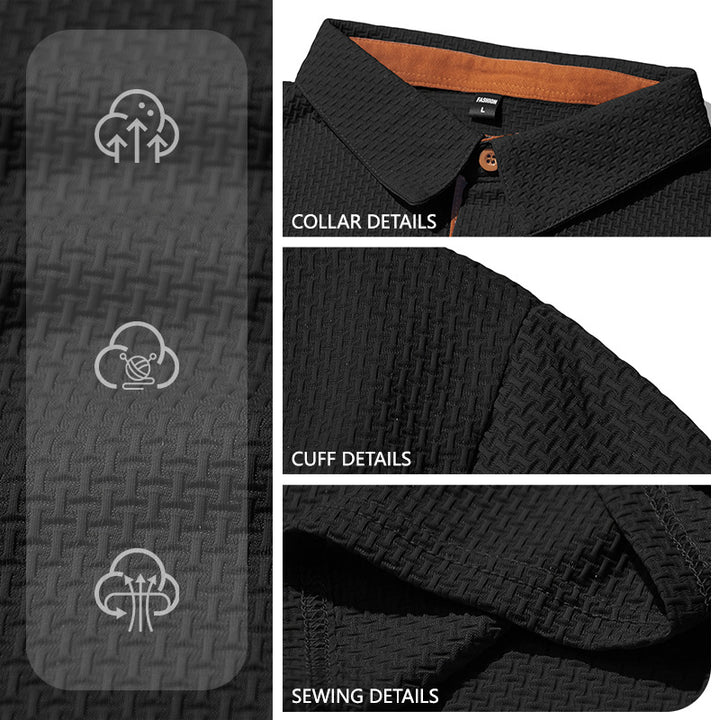 Men's finely textured polo shirt with shirt collar, contrast inner placket, and side slits StylebySassy