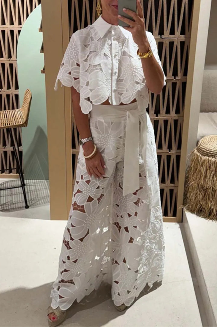 Ladies two-piece lace ensemble with crop top and wide palazzo pants StylebySassy