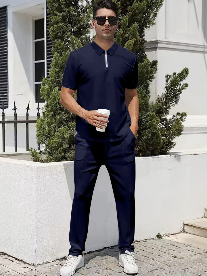 Men's urban travel polo shirt with short front zipper, elastic interlock and wrinkle-free care StylebySassy