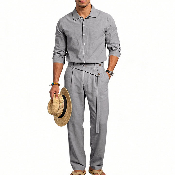 Men's elegant linen two-piece set with shirt and high-waisted pants with tie belt StylebySassy