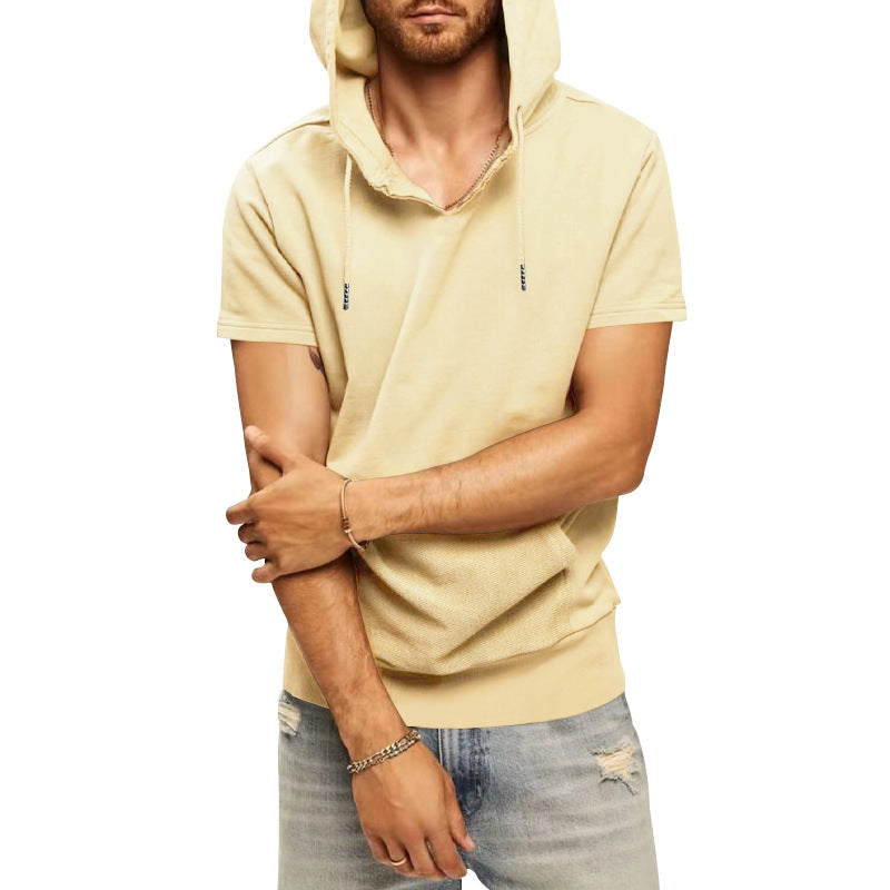 Men's casual short-sleeve hoodie shirt in a loose fit with kangaroo pocket and drawstring StylebySassy