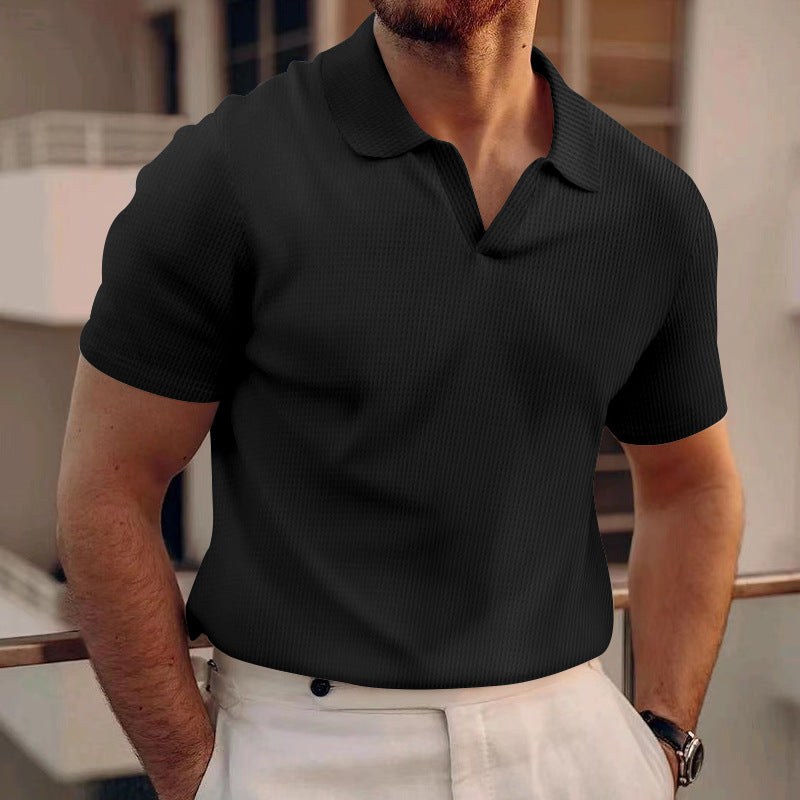 Men's lightweight short-sleeve polo made from waffle jersey with an open V-neck and shirt collar StylebySassy