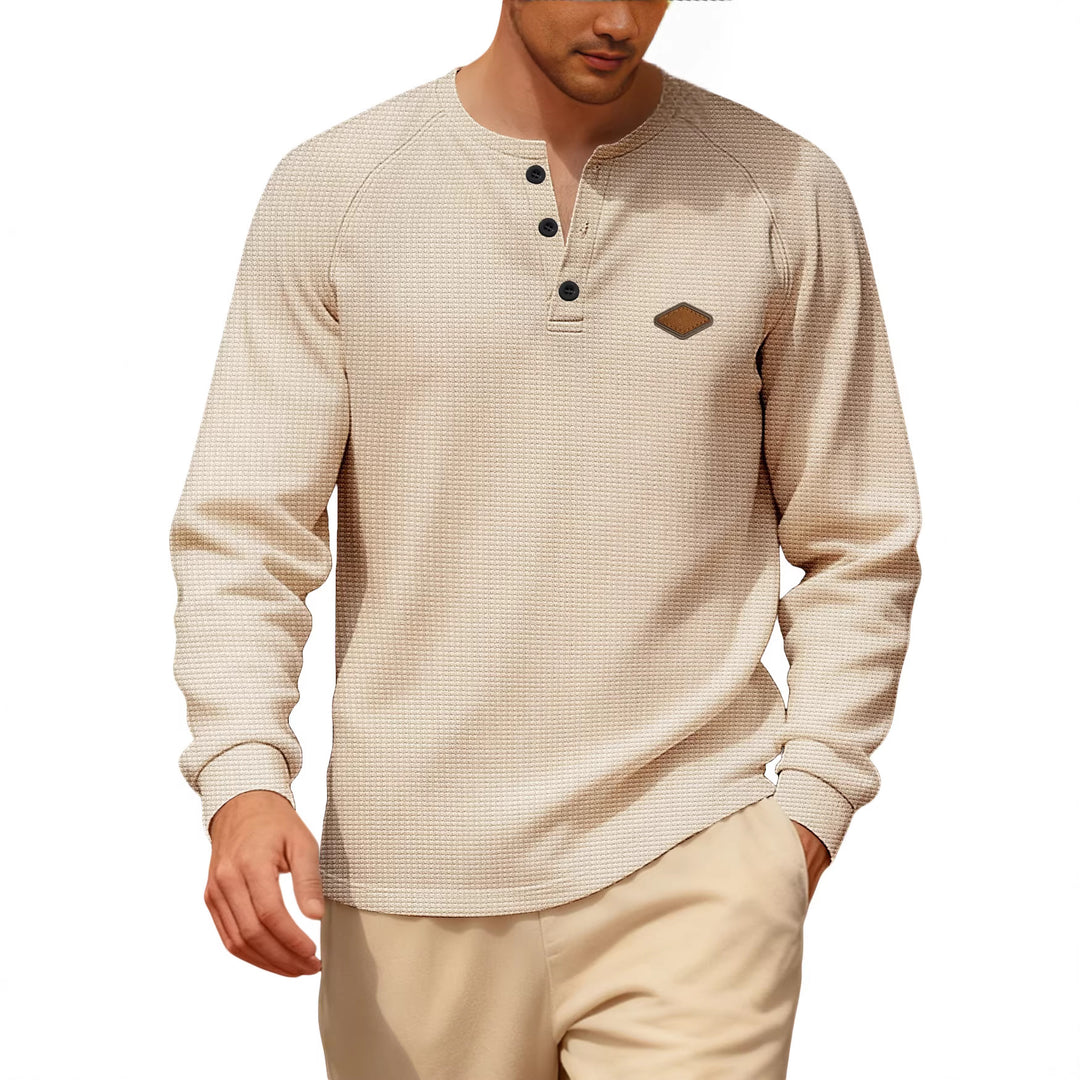Men's Waffle Knit Henley Long Sleeve Shirt with Raglan Sleeves, Half Button Placket and Leather Label StylebySassy