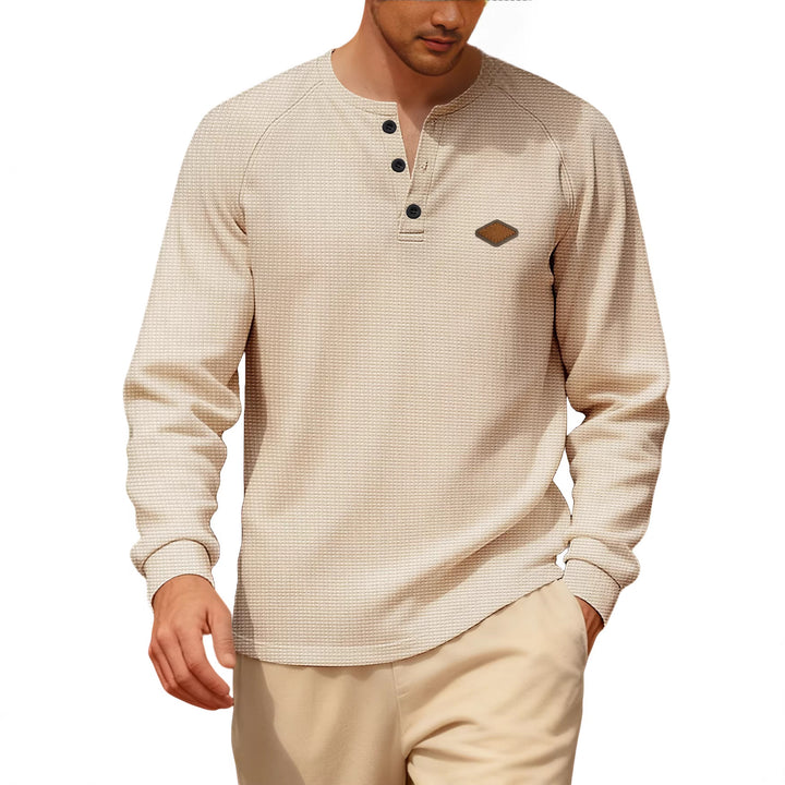 Men's Waffle Knit Henley Long Sleeve Shirt with Raglan Sleeves, Half Button Placket and Leather Label StylebySassy
