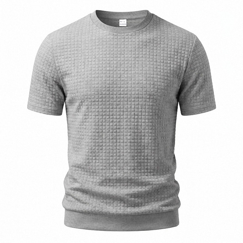 Men's short-sleeved knit shirt with embossed check structure, round neckline, and ribbed hem StylebySassy