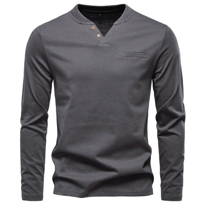 Men's tailored long sleeve shirt in Henley style with short V-neck, decorative buttons, and chest pocket StylebySassy