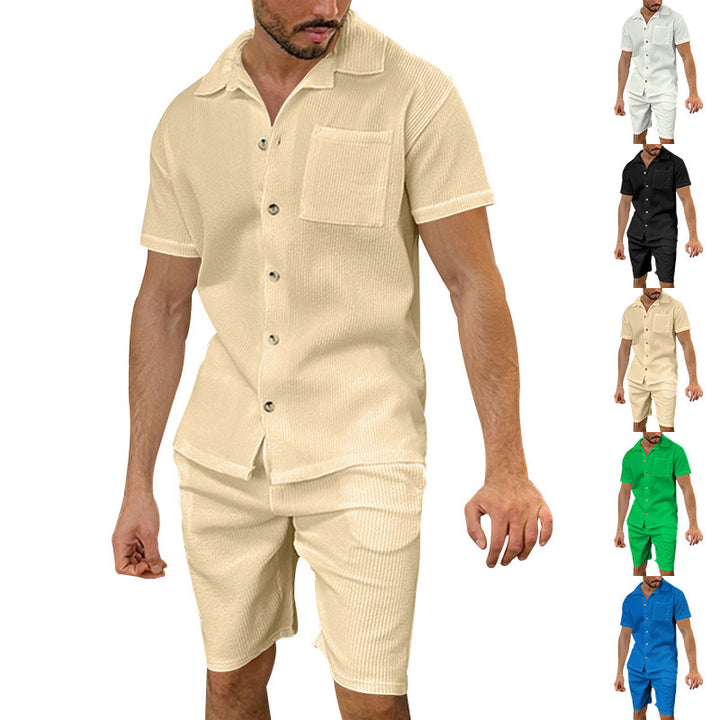 Men's casual two-piece leisure set made of ribbed jersey with shirt collar button placket and shorts StylebySassy