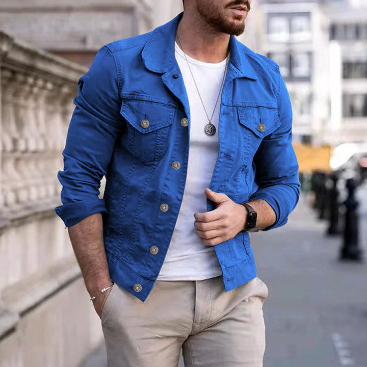 Men's tailored denim jacket in trucker style with chest pockets and metal buttons StylebySassy