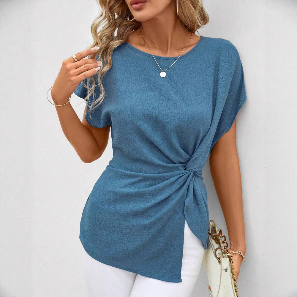 Women's fitted short sleeve draped shirt with side knot sling and textured crepe look StylebySassy