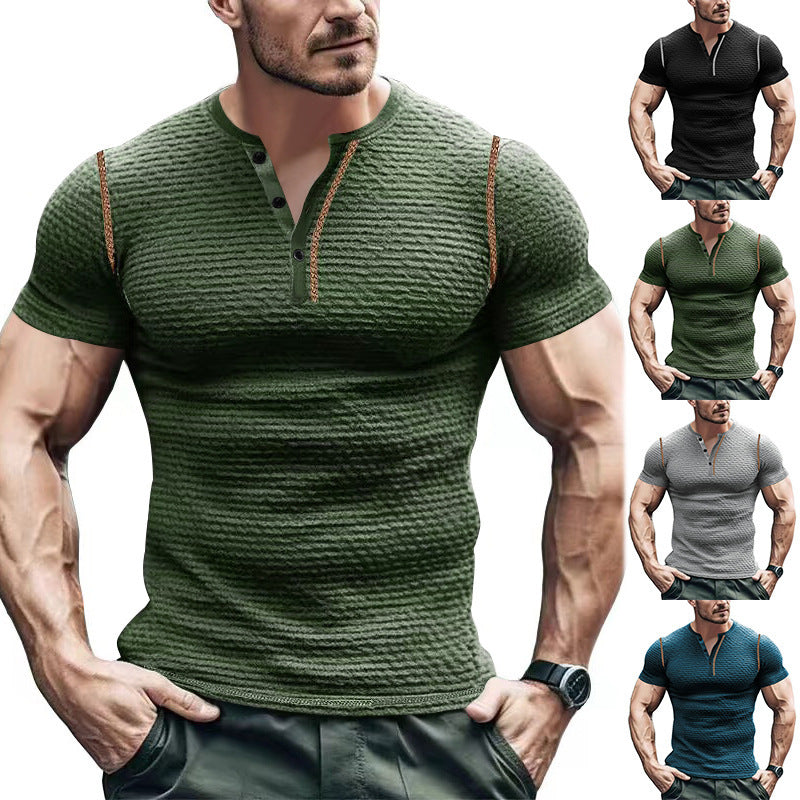 Men's structured short-sleeve henley with three-dimensional relief structure, reinforced button placket, and contrast piping StylebySassy