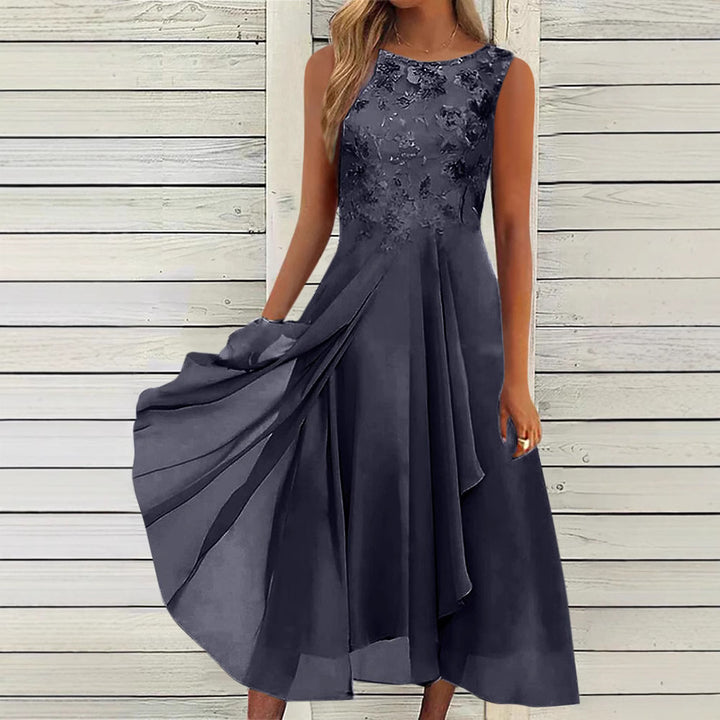 Women’s sleeveless chiffon midi dress with embroidered bodice and asymmetric layered skirt StylebySassy