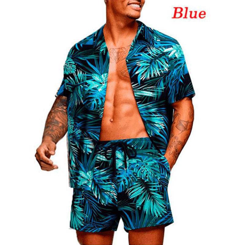 Men's tropical short sleeve shirt and swim shorts set with lapel collar, drawstring, and practical side pockets StylebySassy