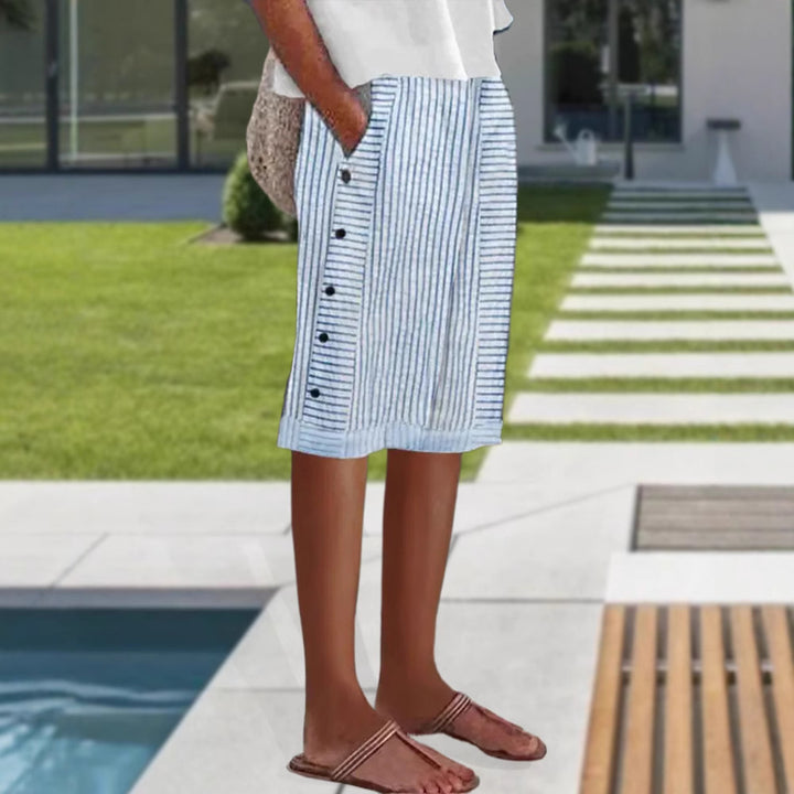 Women knee-length linen blend skirt with side button placket and side pockets StylebySassy