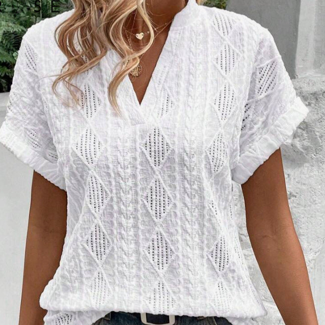 Ladies light ajour knit tunic with V-neck, diamond pattern and rolled-up sleeves StylebySassy