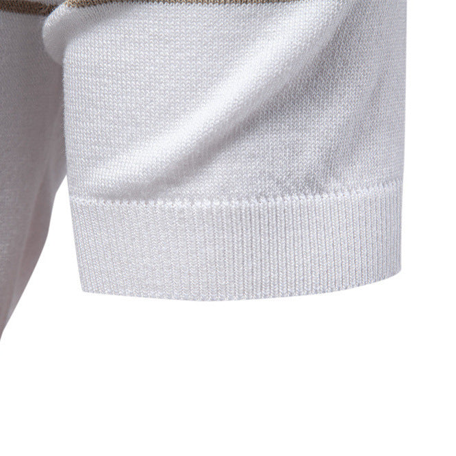 Men's noble fine-knit polo shirt with short metal zipper, cuffed sleeves, and contrasting striped bands StylebySassy