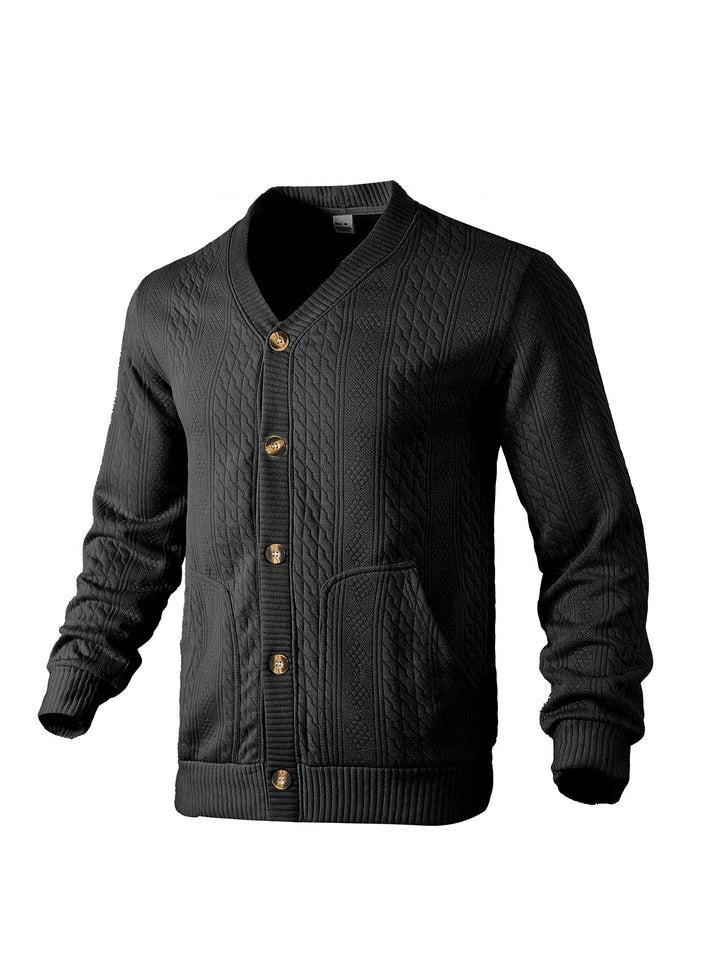 Men's elegant braided knit cardigan with V-neck button placket and patch pockets StylebySassy