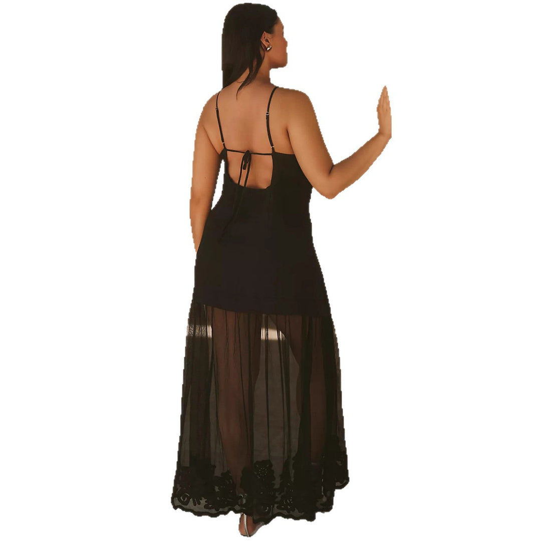 Ladies two-piece maxi dress with V-neck, spaghetti straps, and transparent tulle skirt StylebySassy