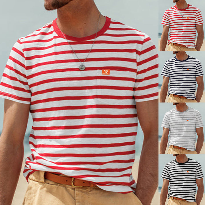 Men's striped short-sleeve T-shirt made of cotton jersey with chest pocket and contrasting round neckline StylebySassy