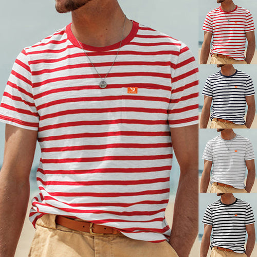 Men's striped short-sleeve T-shirt made of cotton jersey with chest pocket and contrasting round neckline StylebySassy