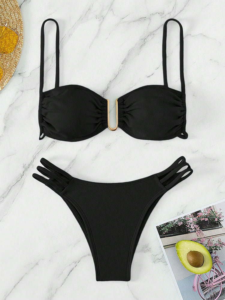 Women's bikini set with modern ruffle details and elegant golden accent StylebySassy