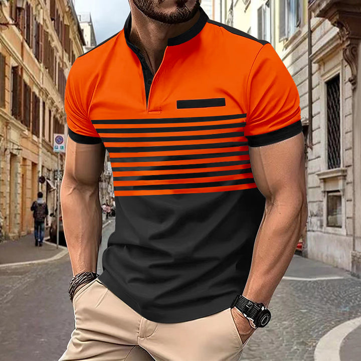 Men's short-sleeved Henley top with short button placket, chest piping, and block stripes StylebySassy