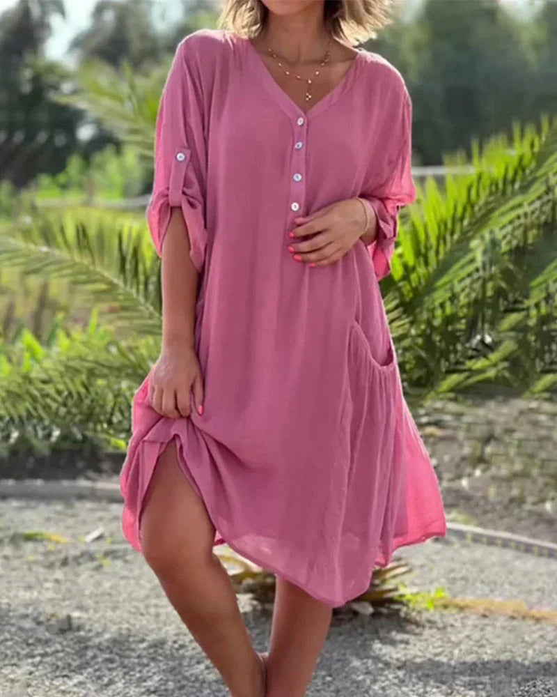 Ladies light V-neck tunic dress with button placket, patch pocket and roll-up sleeves StylebySassy