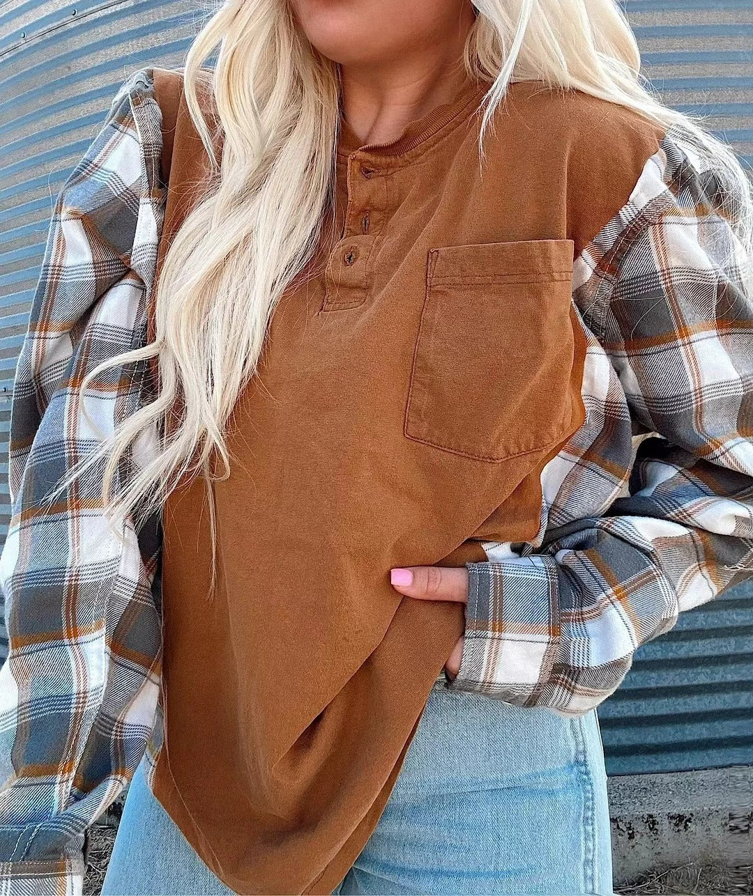 Women's nan further Henley pullover in layered look with checked sleeves and chest pocket StylebySassy