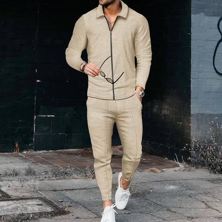 Men's casual waffle texture tracksuit with shirt collar, concealed zipper and drawstring pants StylebySassy