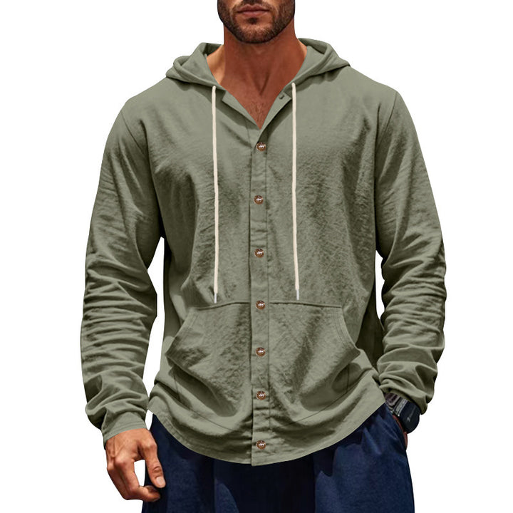 Men's button-closed hooded shirt jacket made of lightweight cotton blend with kangaroo pocket StylebySassy