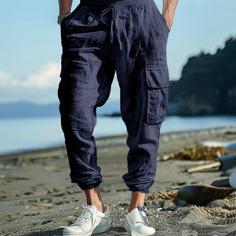 Men's Casual Linen Cargo Joggers with Drawstring Waist, Large Flap Pockets and Elastic Ankle Cuffs StylebySassy