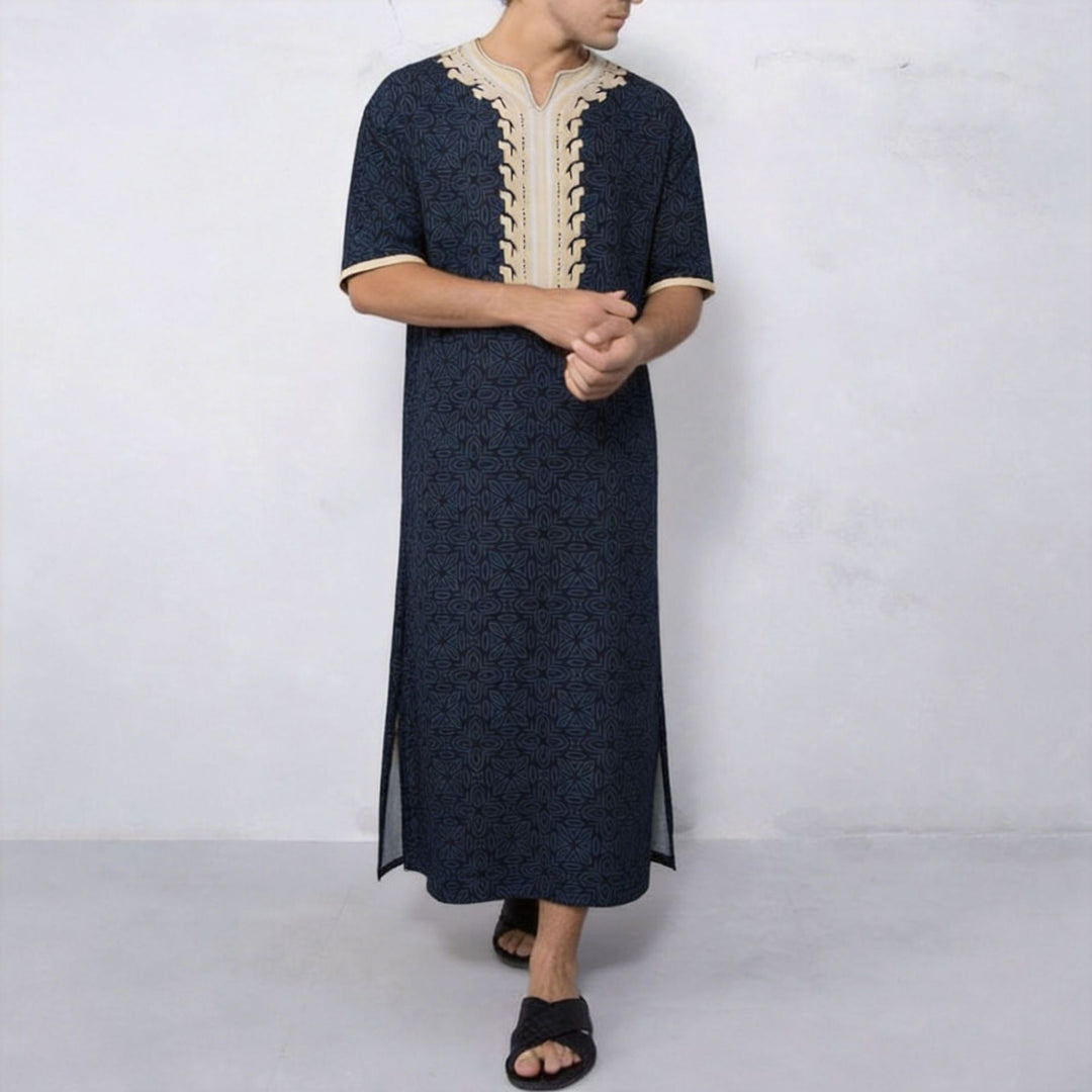 Men's striped Djellaba with decorative chest embroidery and side slit StylebySassy