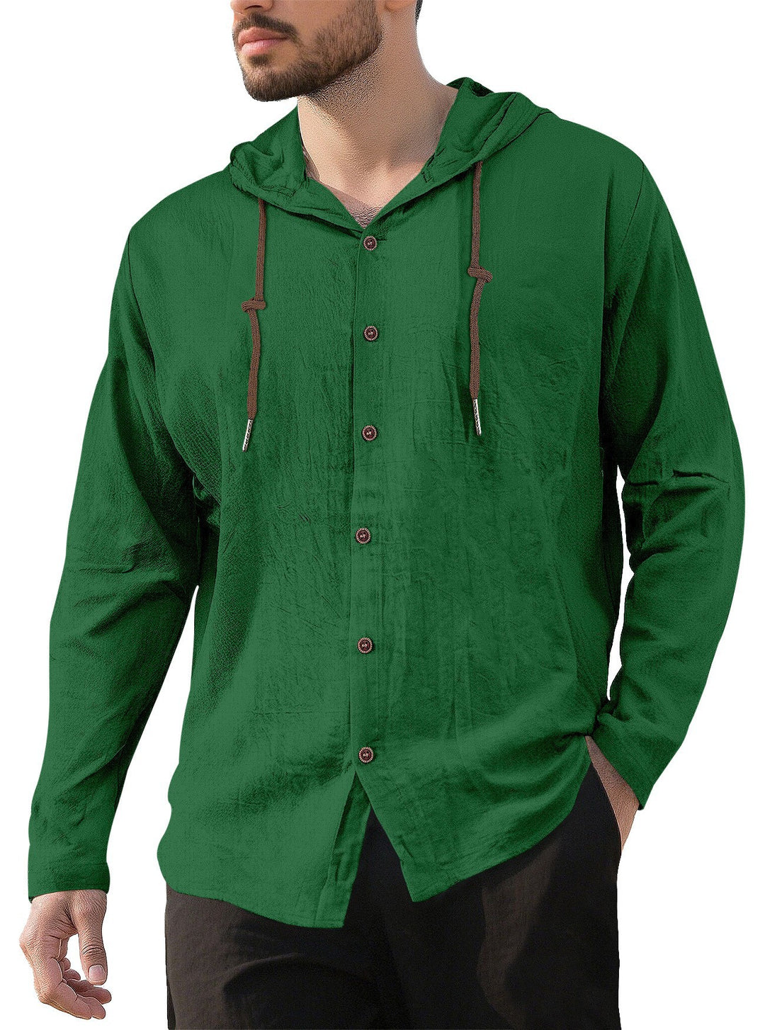 Men's hooded shirt in linen look with button placket and drawstring StylebySassy