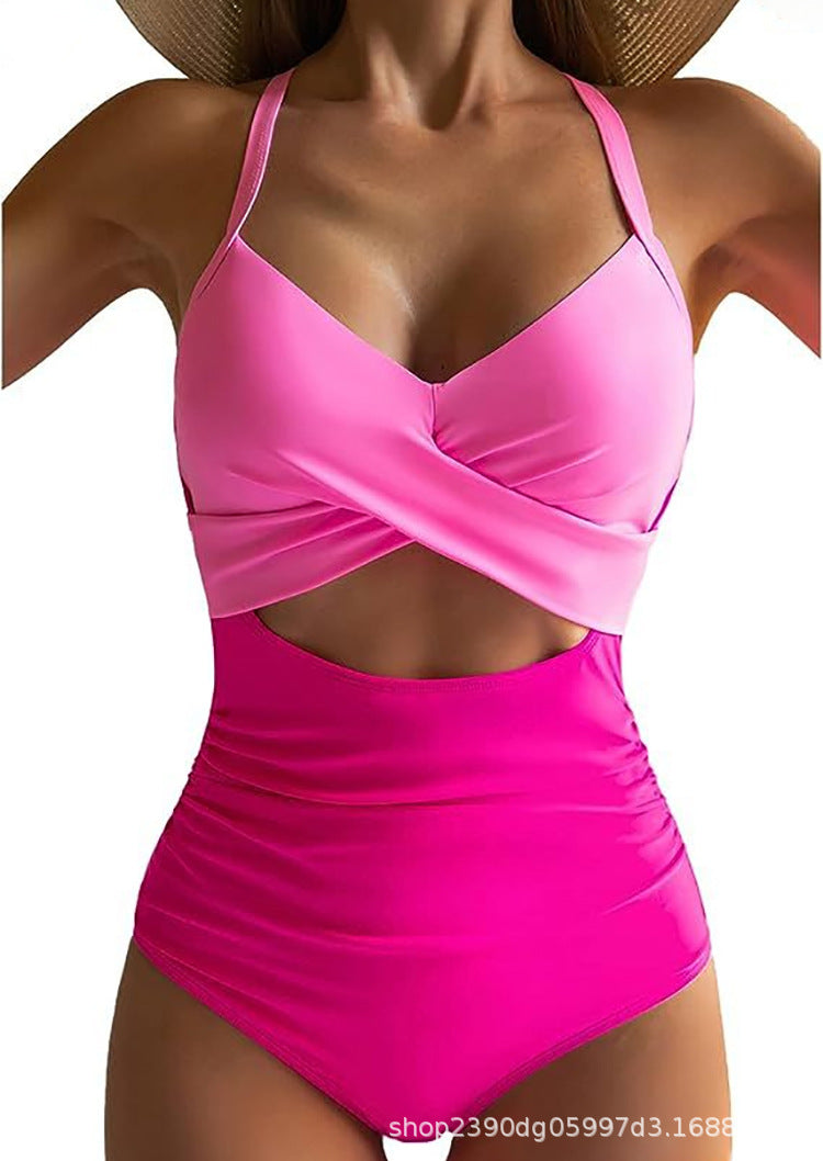 Women's one-piece swimsuit with stylish wrap design and sophisticated cross straps StylebySassy