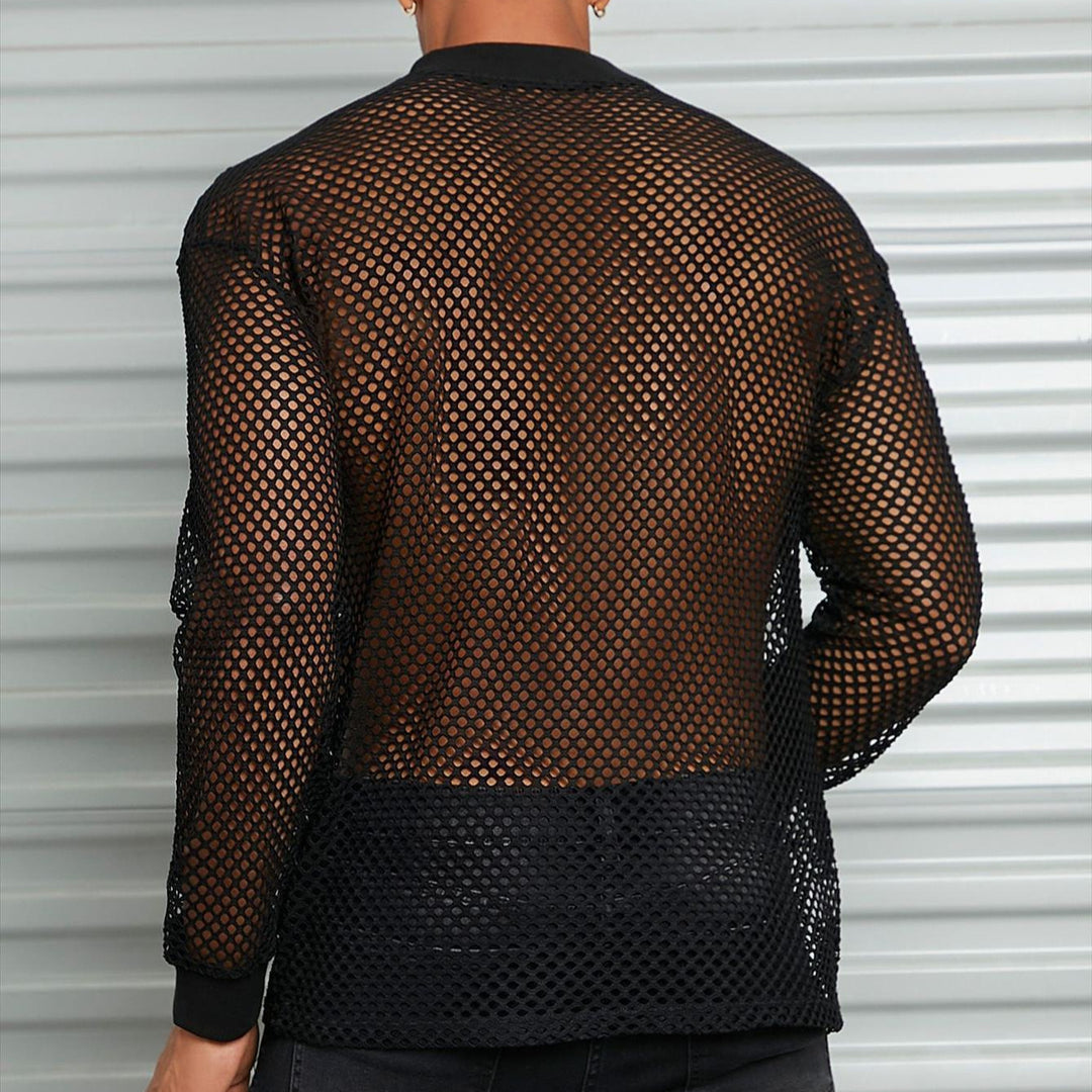 Men's transparent mesh long sleeve shirt with round neck and ribbed cuffs StylebySassy