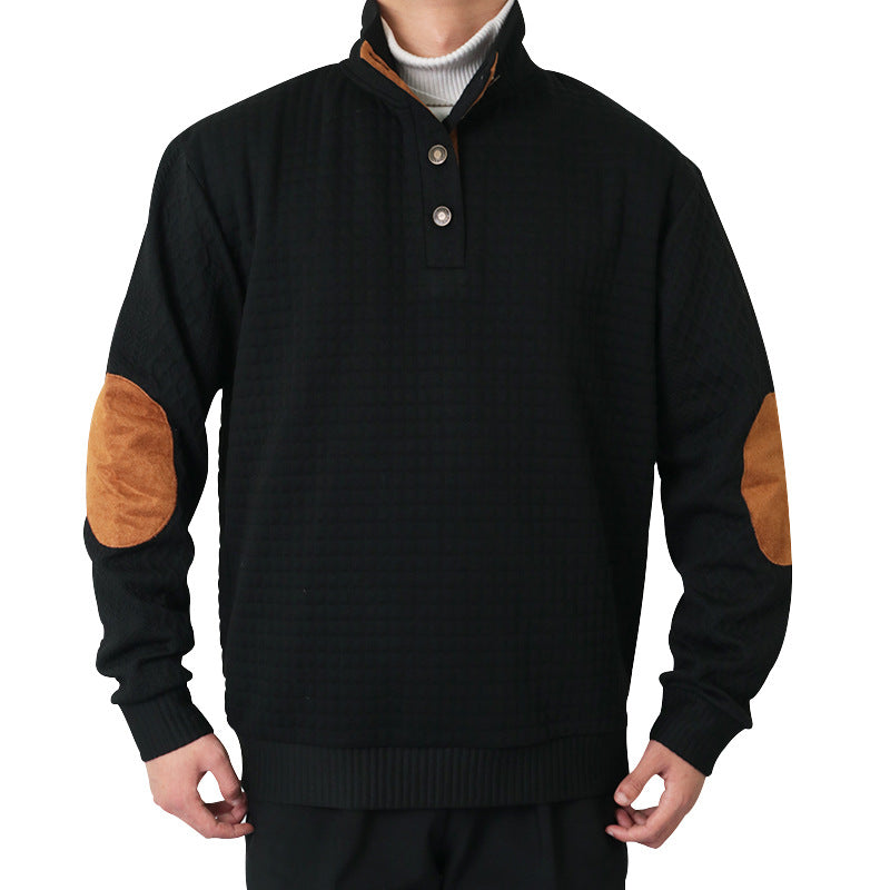 Men's Half-button Stand-up Collar Sweater with Honeycomb Structure and Leather Details StylebySassy