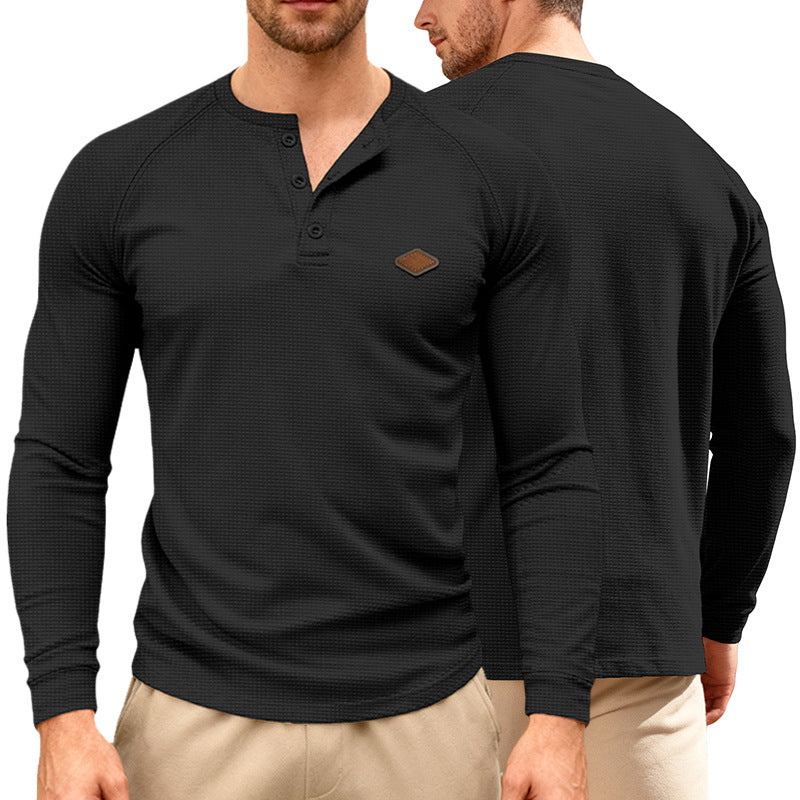 Men's Waffle Knit Henley Long Sleeve Shirt with Raglan Sleeves, Half Button Placket and Leather Label StylebySassy