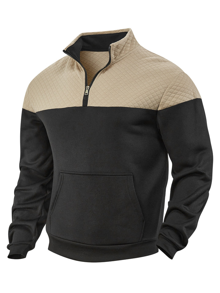 Men's half-zip sweatshirt with quilted shoulder area, kangaroo pocket, and ribbed cuffs StylebySassy
