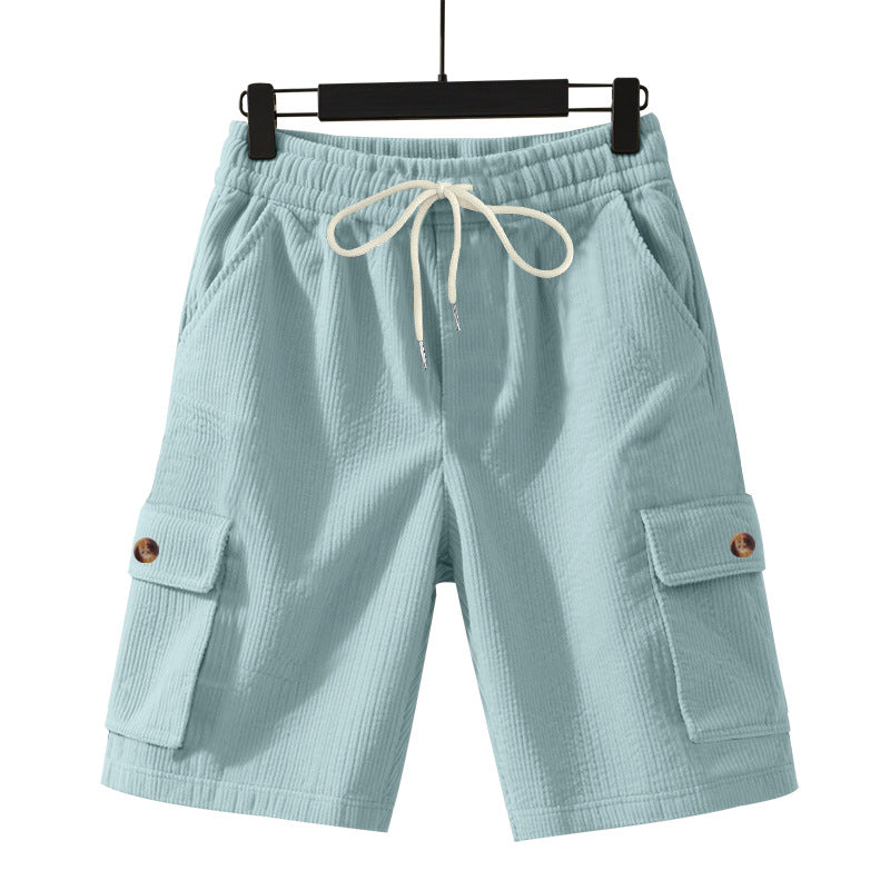 Men's cord cargo shorts with elastic drawstring waistband, patch cargo pockets, and soft cotton blend StylebySassy