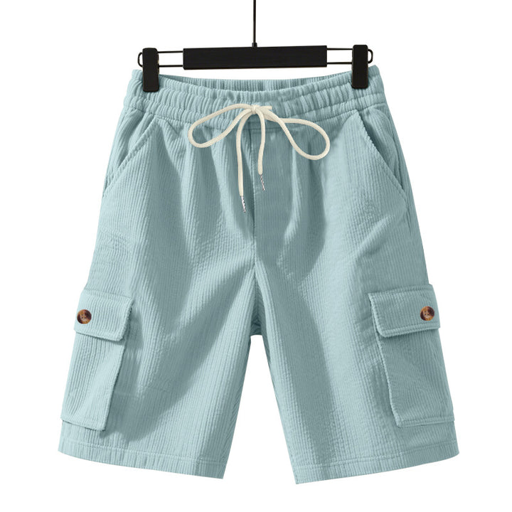 Men's cord cargo shorts with elastic drawstring waistband, patch cargo pockets, and soft cotton blend StylebySassy